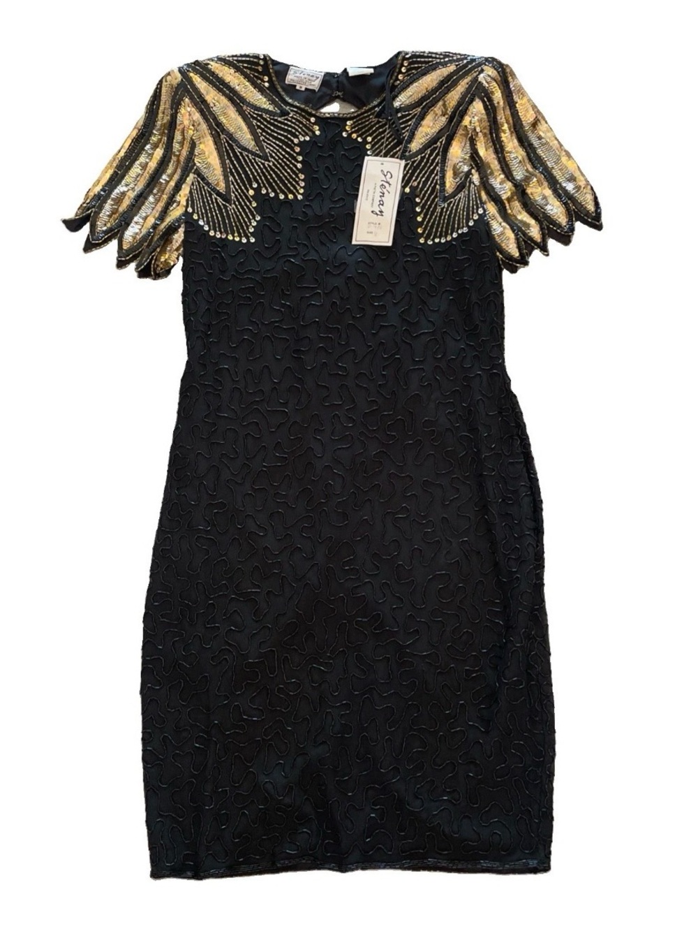 NWT Vintage Stenay Dress Size 8 Black Gold Silk Beaded Sequin Wing Shoulder